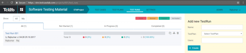 TESTCASELAB ИНСТРУМЕНТ УПРАВЛЕНИЯ ТЕСТ-СЛУЧАЯМИ | ОБЗОР | МАТЕРИАЛЫ ДЛЯ ТЕСТИРОВАНИЯ ПРОГРАММНОГО ОБЕСПЕЧЕНИЯ» /></p>
<p>Откройте тестовый запуск, нажав «Тестовый запуск 001». Он имеет такие параметры, как дата создания, цветные статусы и процентное соотношение каждого теста.</p>
<p><p><img decoding=